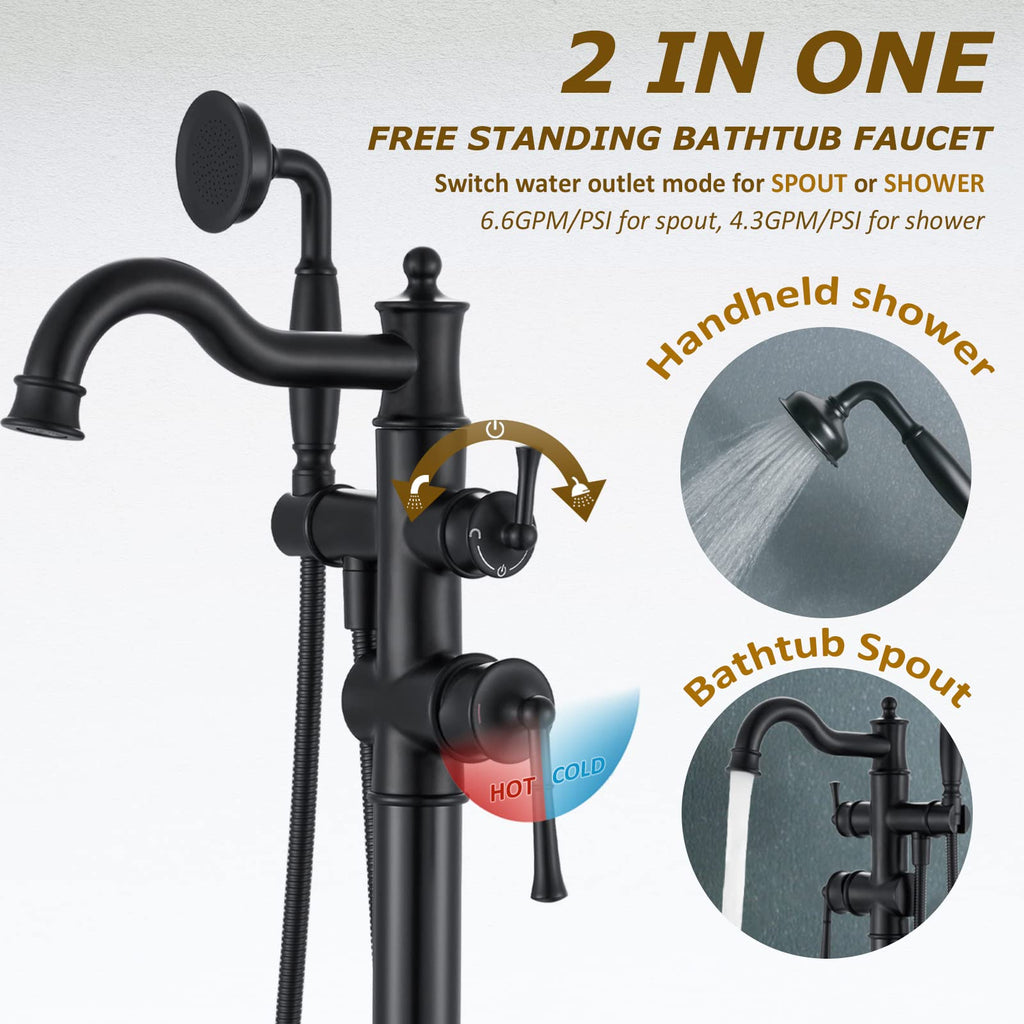 Freestanding Floor Mount Tub Filler with Handheld Shower Roman Bathtub Faucet by Brushed Gold Finish, Swivel Spout with Brass Rough-in and Water Hose