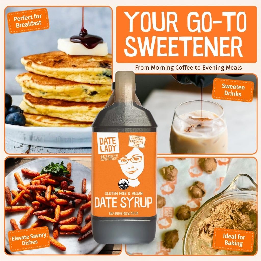 Date Lady Date Syrup 3 lb Squeeze Bottle | 1 ingredient: 100% Organic Dates. Vegan, Paleo, Gluten-free & Kosher | Also Known As Silan, Date Honey and Date Nectar | Sugar Substitute