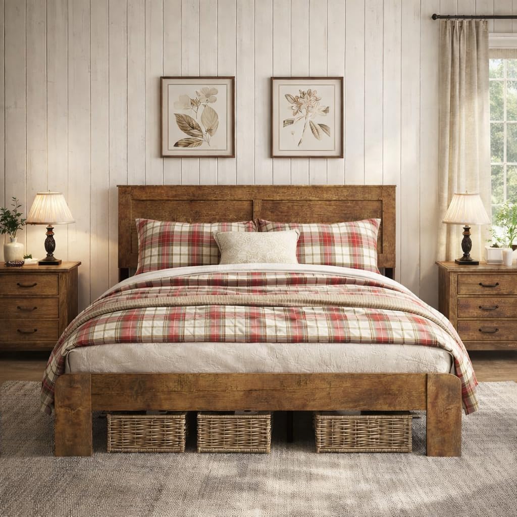 Wooden Bed Frame Full Size with Headboard, Farmhouse Platform Bedframe with Wood Slat Support, Sturdy Framework Bed Frame, Easy Assembly (Rustic Black)