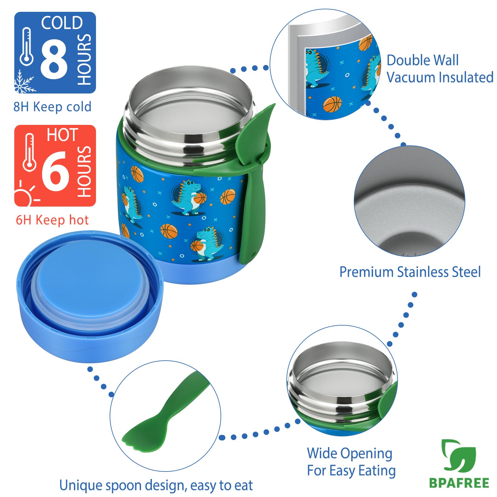 Bento Lunch Box Set for Kids with 10oz Soup Thermo, Leak-Proof Lunch Containers with 4 Compartment, Kids Thermo Hot Food Jar and Insulated Lunch Bag for Kid to School,BPA-Free(Basketball)