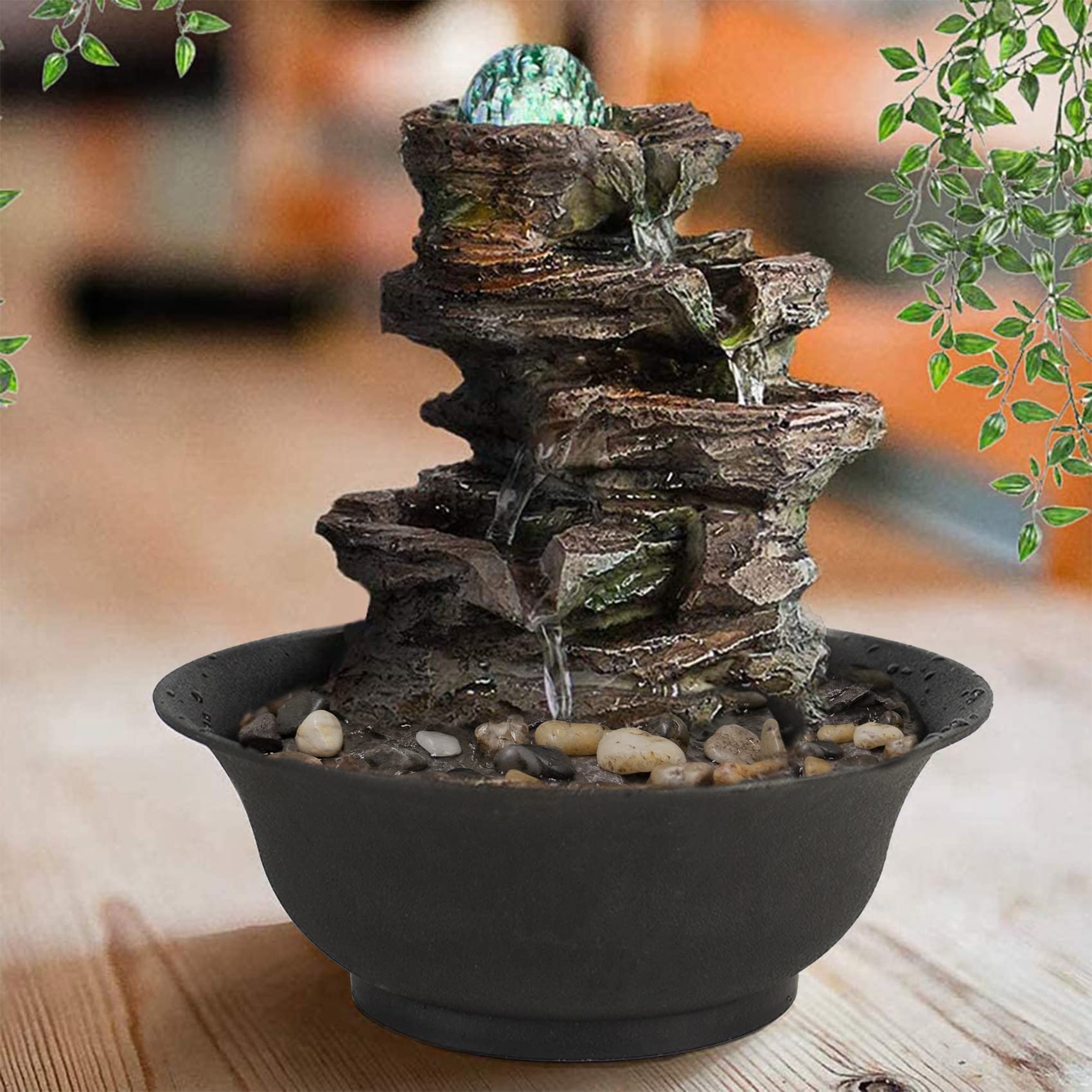 Ferrisland Tabletop Water Fountain, Zen Meditation Indoor Waterfall Fountain, Heart Shape Decoration with LED Light for Home Office Bedroom Relaxation Decor, Gift Ideas