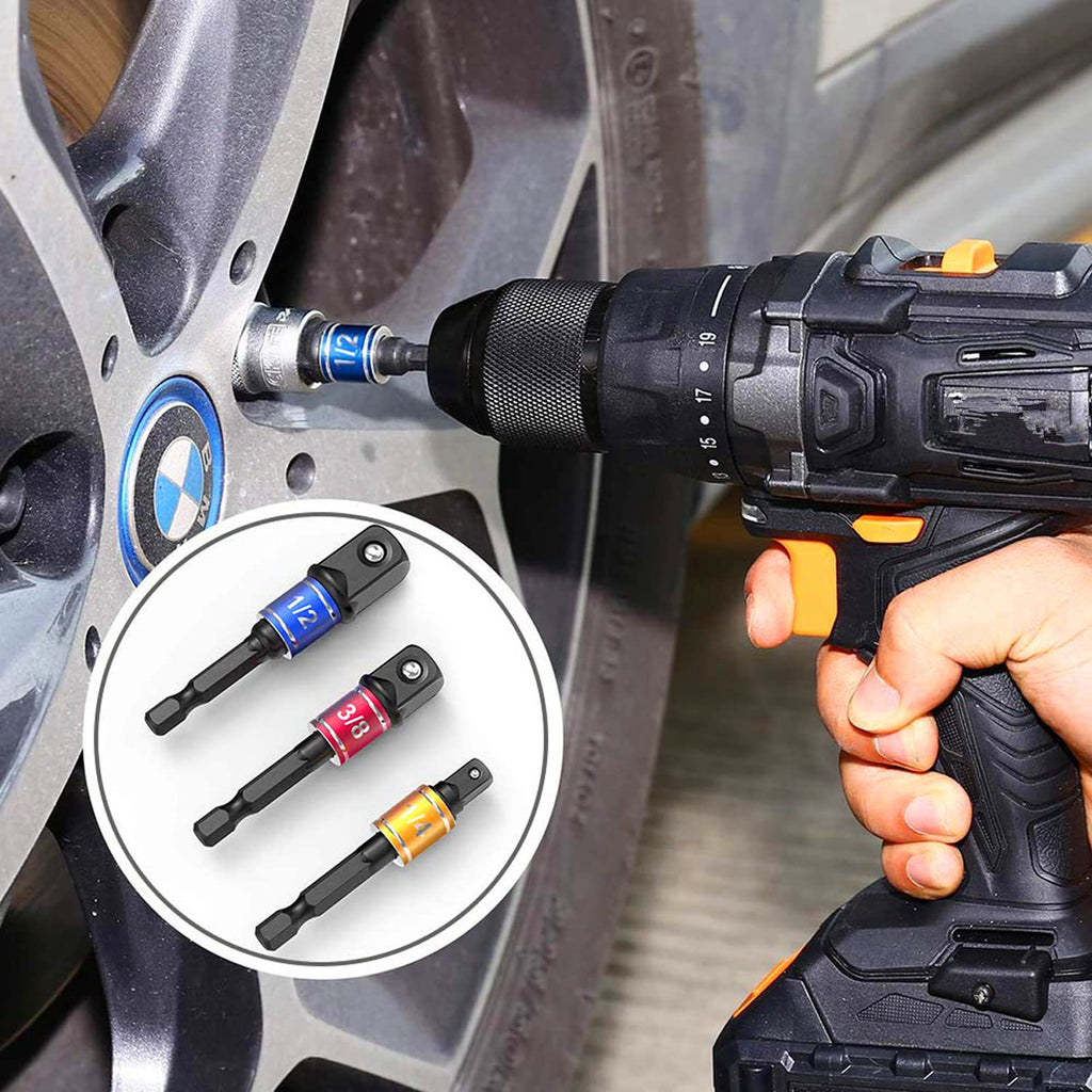 CIGOTU Impact Grade Power Hand Tools Driver Sockets Adapter Extension Set, 3Pcs 1/4 3/8 1/2" Hex Shank Drill Nut Driver Bit Set + 105 Degree Right Angle Driver Extension Screwdriver Drill Attachment
