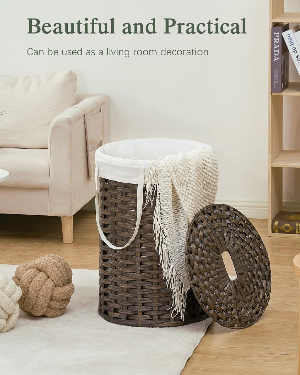 SETVSON Laundry Hamper with Lid Laundry Basket with Lid 19.0 Gal (72 L) Round Wicker Laundry Basket Handwoven Rattan Basket with Lid Removable Bag 2 Mesh Bags Handles for Living Room Bathroom Black