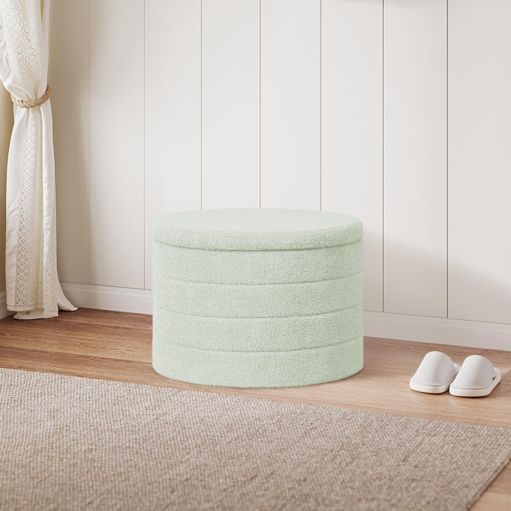 PINPLUS Round Storage Ottoman Foot Rest Stool with Tray Velvet Sherpa Folding Storage Ottoman,Boucle Foot Rest for Living Room, Bedroom, Dorm（Beige）