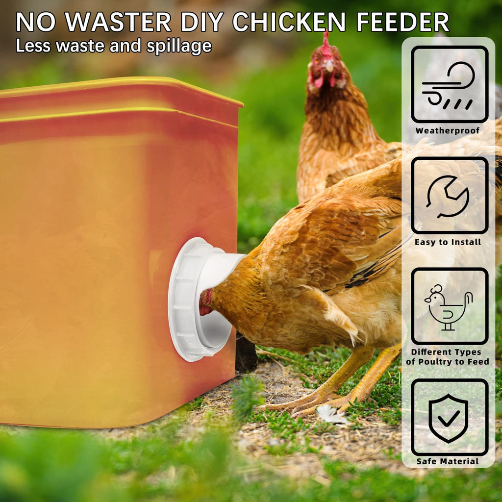 Chicken Feeder Port, 6 Pack Chicken Feeders No Waste with 6 Lids 1 Drill Bit, DIY Automatic Poultry Feeder Cups Kit, Chicken Bucket Feeder for Barrels (White)