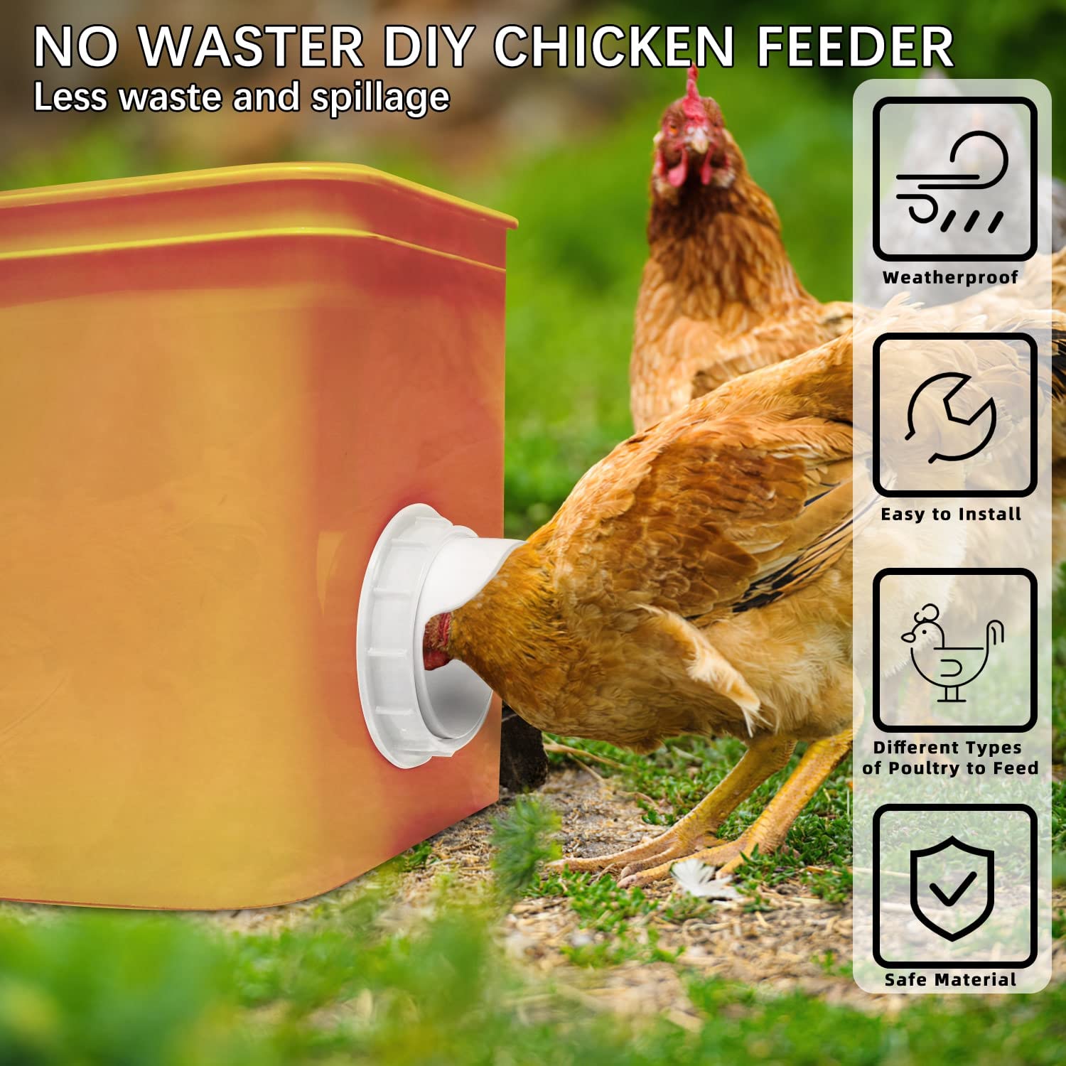 Chicken Feeder Port, 6 Pack Chicken Feeders No Waste with 6 Lids 1 Drill Bit, DIY Automatic Poultry Feeder Cups Kit, Chicken Bucket Feeder for Barrels (White)