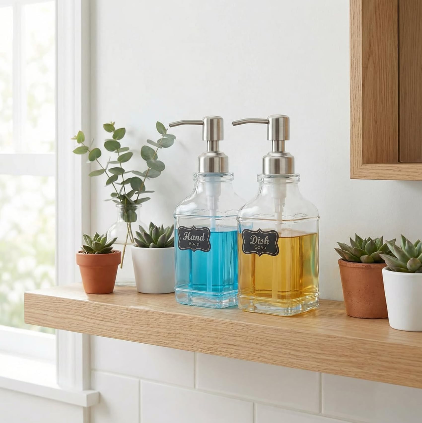JASAI Antique Design Soap Dispenser with Rust Proof 304 Stainless Steel Pump, Refillable Glass Soap Dispenser with 10Pcs Clear Stickers, Premium Kitchen & Bathroom Soap Dispenser