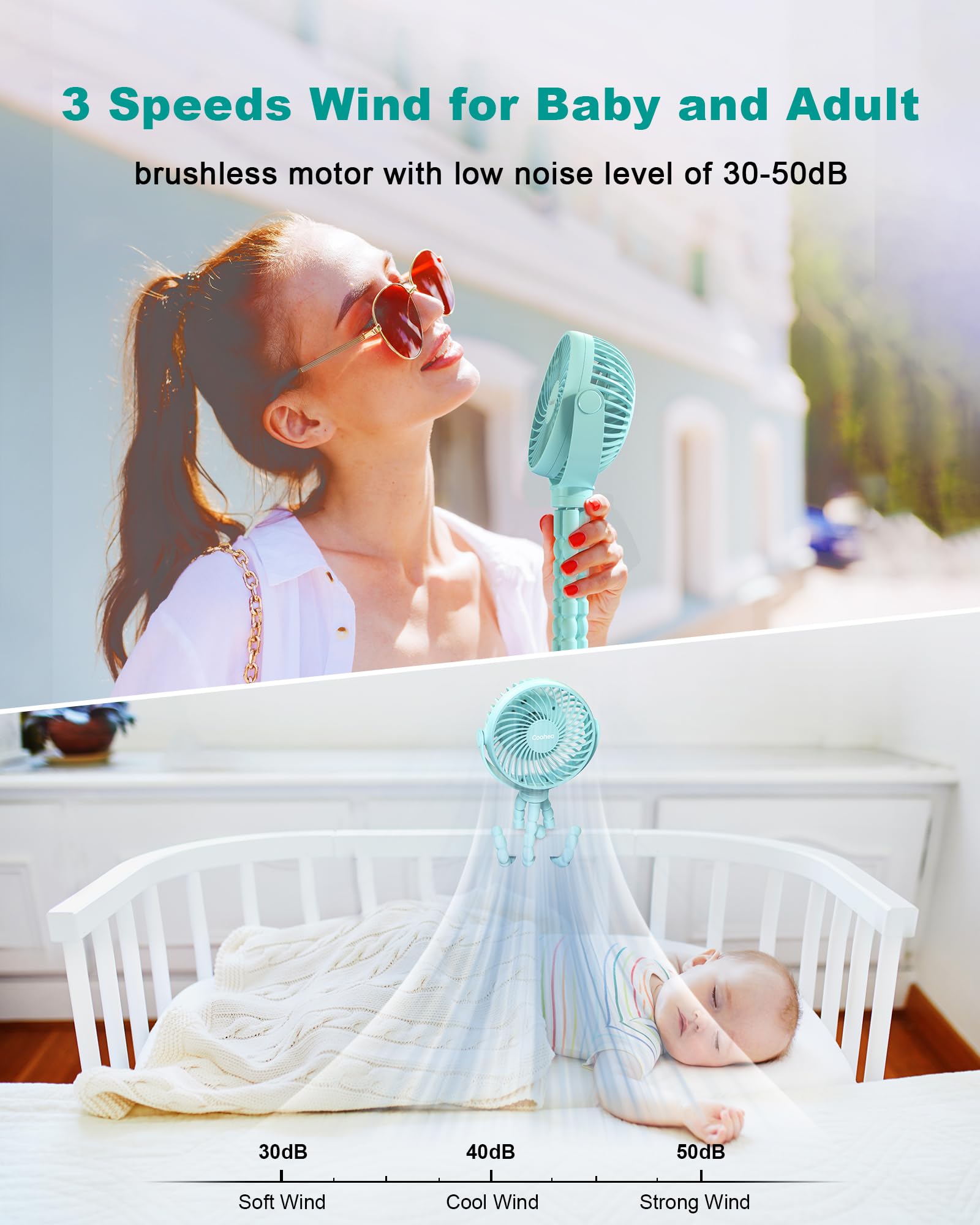 Coohea Stroller Fan Clip on for Baby, 4000mAh Rechargeable Battery Operated, Flexible Tripod, 3 Wind Speed, 360° Rotatable, Small Cooling Portable Fan for Car Seat Crib Golf Cart Bike Treadmill, Black