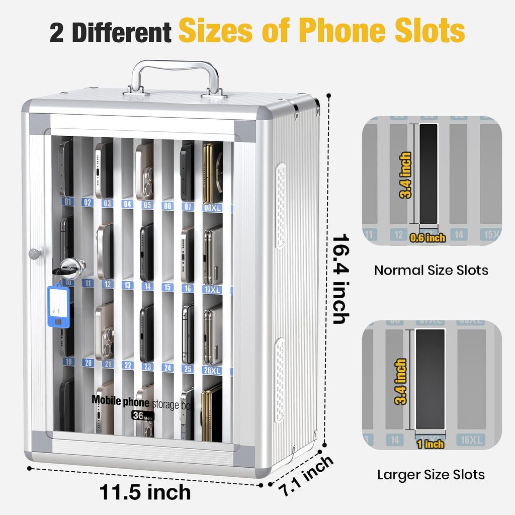 Glosen Cell Phone Locker 24 Slots, Portable Phone Storage Cabinet [Wall Mounted] [Silver 24 Slots-Universal Key ] Aluminum Alloy Cellphone Lock Box with Key & Handle for School Classroom Office Exam