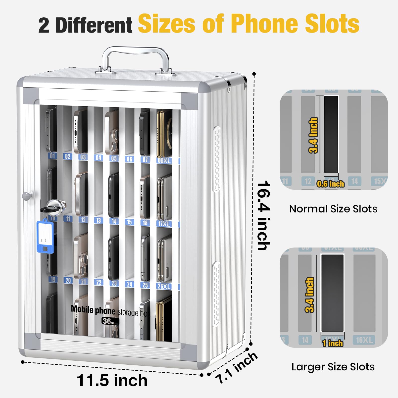 Glosen Cell Phone Locker 24 Slots, Portable Phone Storage Cabinet [Wall Mounted] [Silver 24 Slots-Universal Key ] Aluminum Alloy Cellphone Lock Box with Key & Handle for School Classroom Office Exam