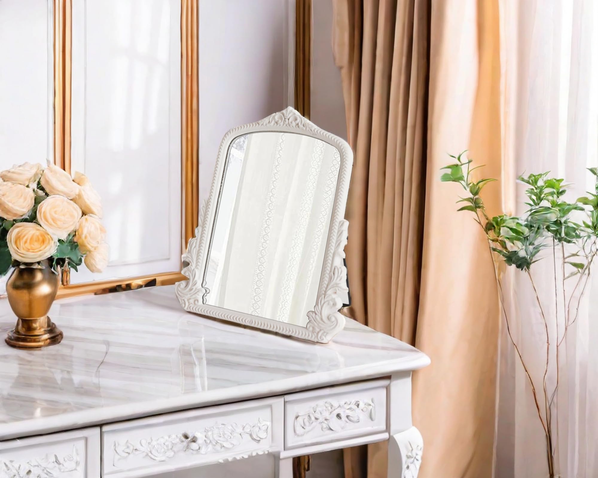 Small Vintage Vanity Makeup Desk Mirror, Antique Traditional Arch Table Mirror in Gold, Decorative Wood Carved Mirror for Living Room Bedroom Tabletop 11.8" x 9.6"