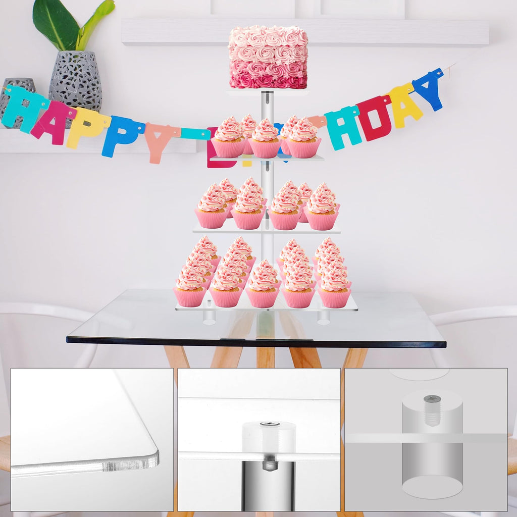 Jusalpha Large 4 Tier Cupcake Stand Square Acrylic Cupcake Tower Stand for Dessert, Pastry, Serving Platter-Candy Bar Party Décor and Supply(with Rod Feet) (4SF-V2)