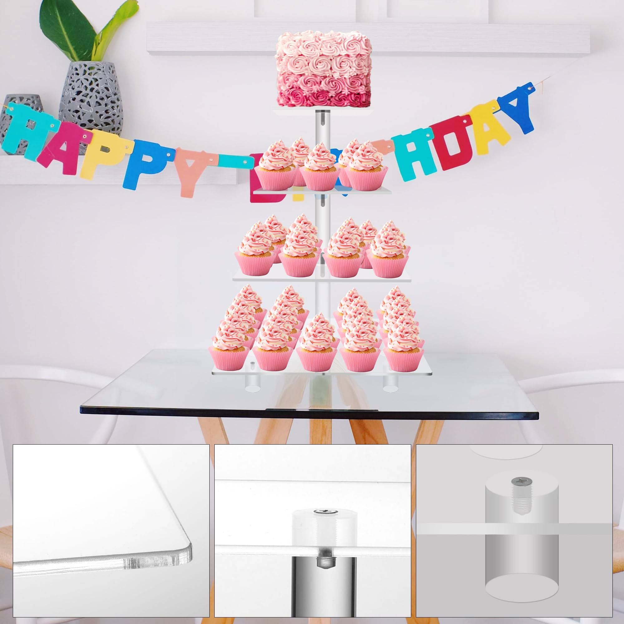 Jusalpha Large 4 Tier Cupcake Stand Square Acrylic Cupcake Tower Stand for Dessert, Pastry, Serving Platter-Candy Bar Party Décor and Supply(with Rod Feet) (4SF-V2)