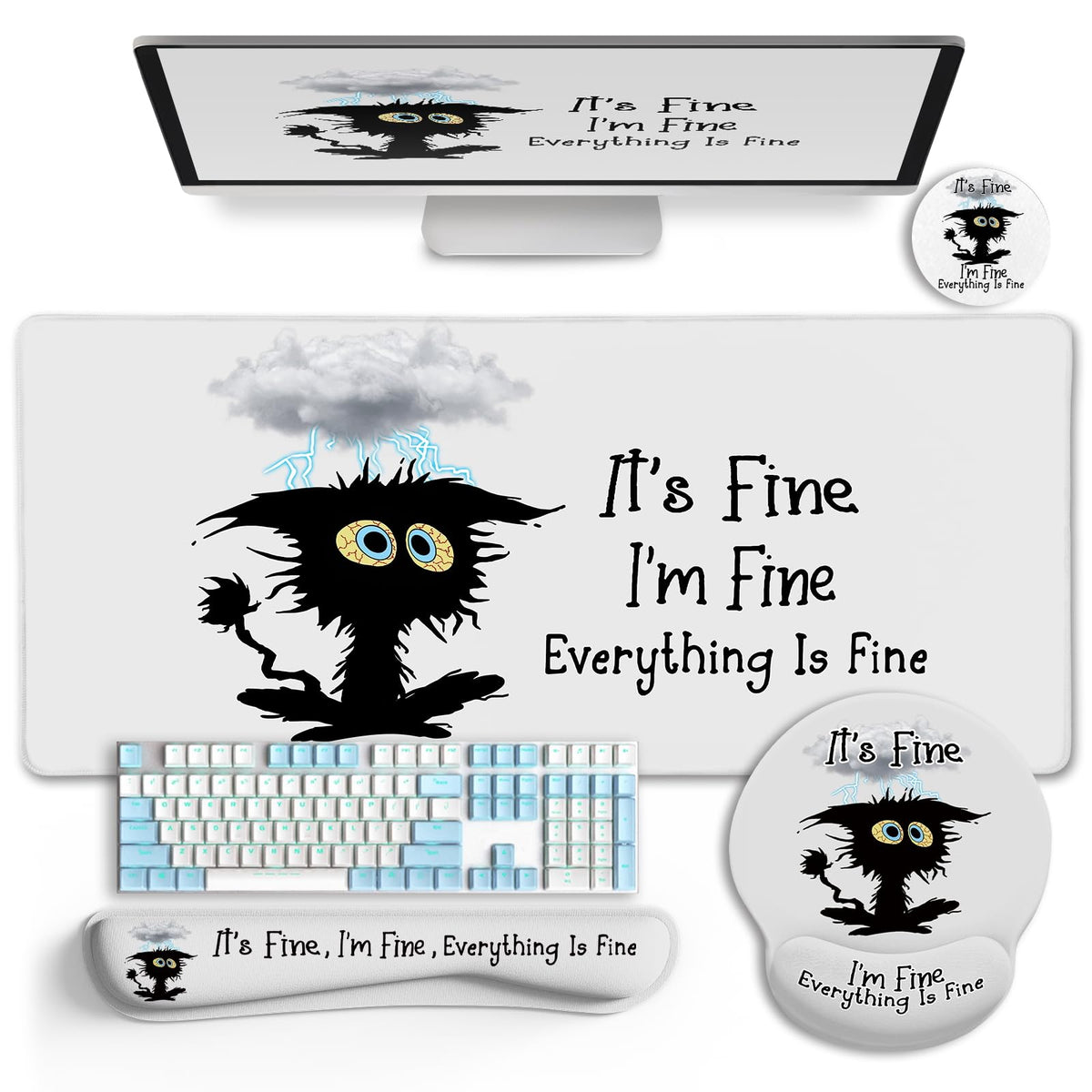 Black Striped Ergonomic Large Desk Mat Set with Wrist Rest