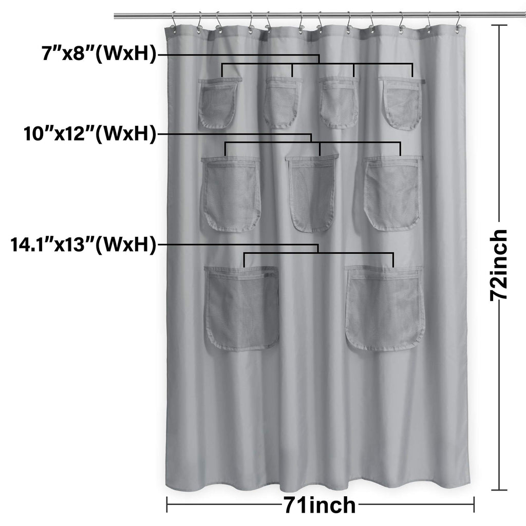 N&Y HOME Waterproof Fabric Shower Curtain or Liner with 9 Mesh Pockets - Black, 71x72 Inches