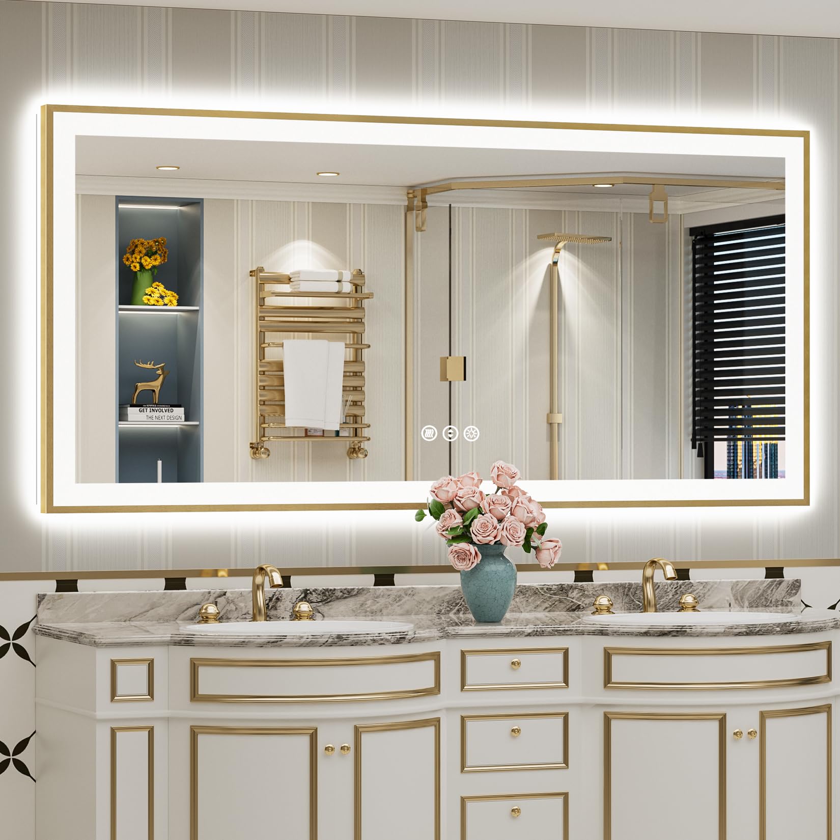 24x36 Gold Beveled LED Bathroom Mirror with Lights, Brushed Gold Framed Backlit and Front Lit Anti-Fog Lighted Vanity Mirrors for Bathroom Wall, Dimmable, 3 Colors, Memory, HD Tempered Glass