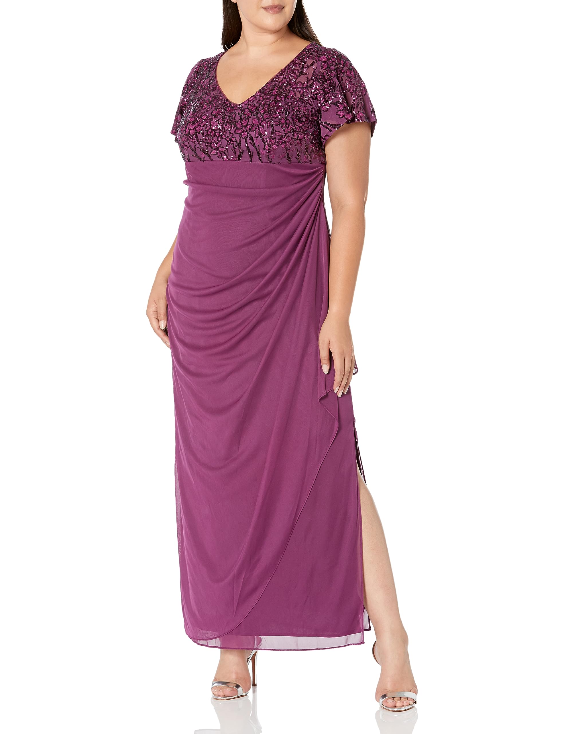 Alex Evenings Women's Long Stretch Sequin Bodice Mother of The Bride Dress with Empire Waist (Petite and Regular Sizes)