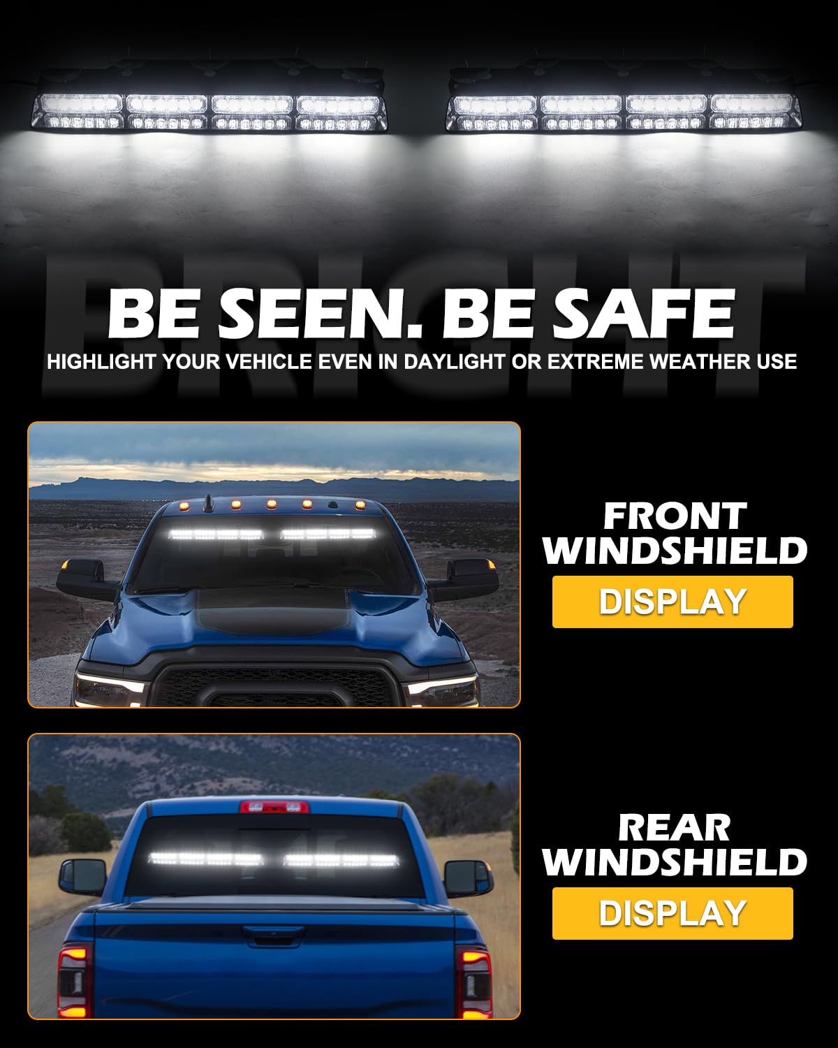 HLauto 604N Emergency Dash Strobe Lights: 2x16.8 inch Amber White Security Light w/Take Down, 48 LED Safety Flashing Warning Hazard Interior Windshield Light Bar for Truck Vehicle
