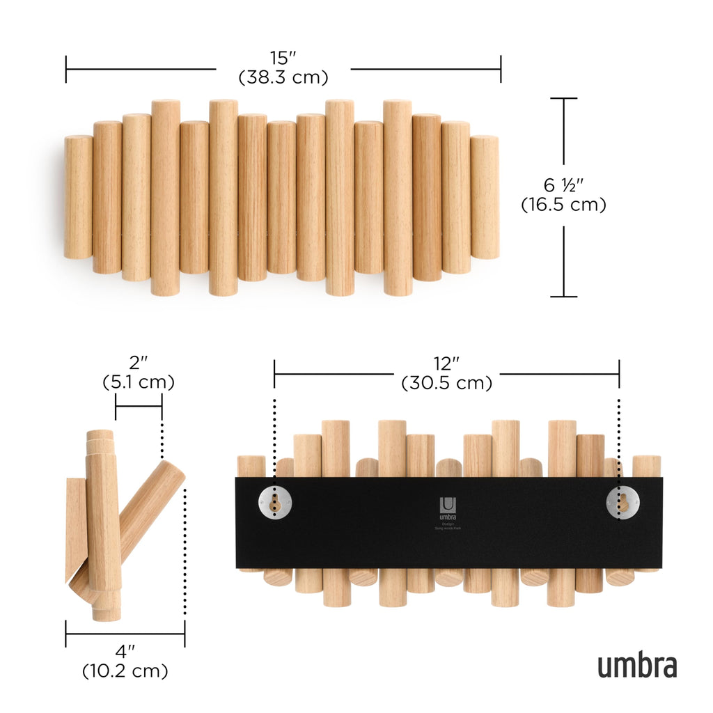 Umbra Picket Wall-Mounted Coat Rack Rail Hook with 5 Retractable Wood Pegs – Modern, Space-Saving Storage Organizer, Black