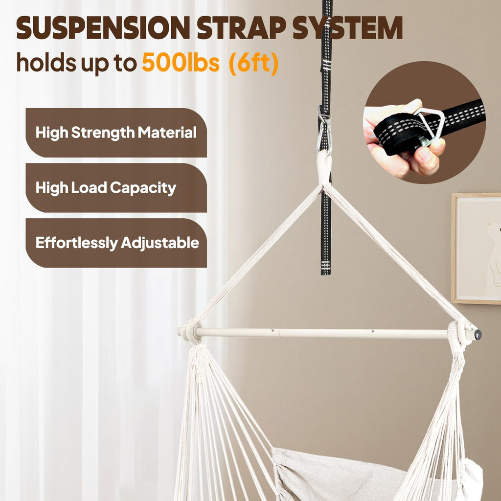 Chihee Hammock Chair Hanging Swing Max 500 Lbs 2 Cushions Included Metal Spreader Bar with Anti-Slip Grooves Portable Hanging Chair Side Pocket Large Macrame Bohemian Chair Indoor Outdoor | Hanging Swing with Anti-Slip Grooves Portable Hanging Chair Side