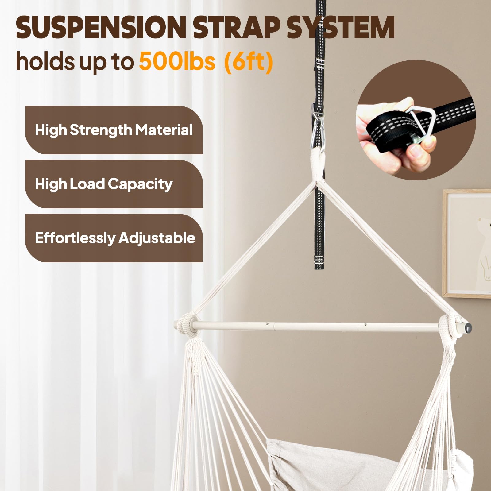 Chihee Hammock Chair Hanging Swing Max 500 Lbs 2 Cushions Included Metal Spreader Bar with Anti-Slip Grooves Portable Hanging Chair Side Pocket Large Macrame Bohemian Chair Indoor Outdoor | Hanging Swing with Anti-Slip Grooves Portable Hanging Chair Side