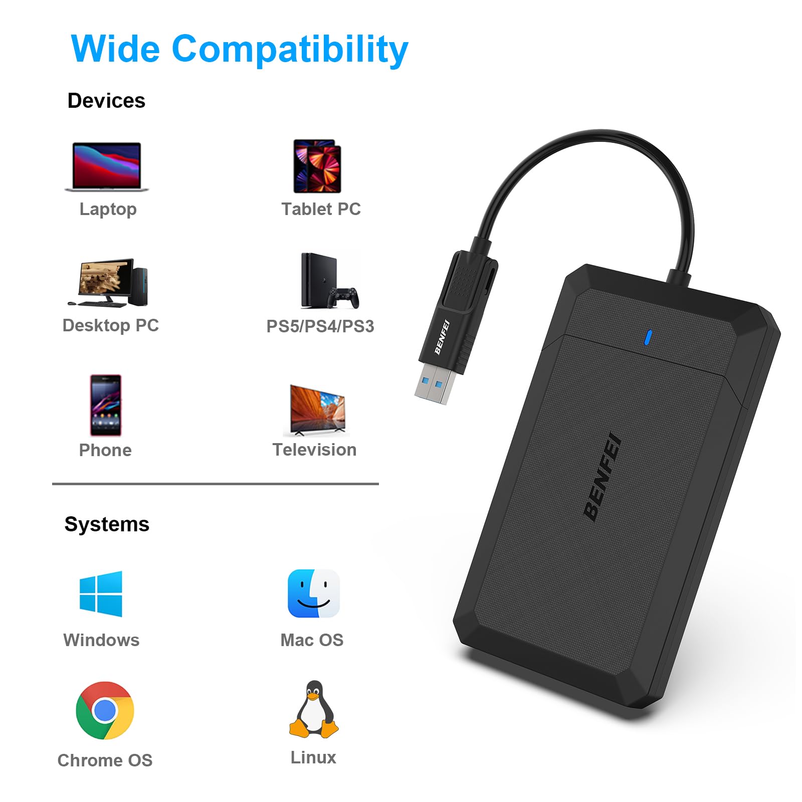 BENFEI 2.5 Inch SATA to USB Tool Free External Hard Drive Enclosure (6Gbps, Optimized for SSD, Support UASP SATA III)
