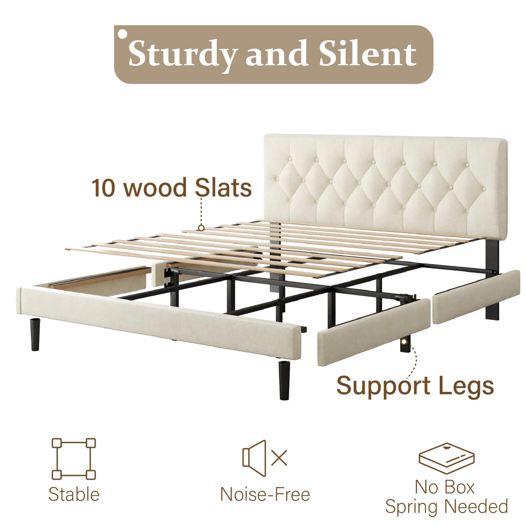 CXVX Full Size Platform Bed Frame with Upholstered Headboard, Button Tufted Design, Strong Wooden Slats, No Box Spring Needed, Easy Assembly, Noise Free