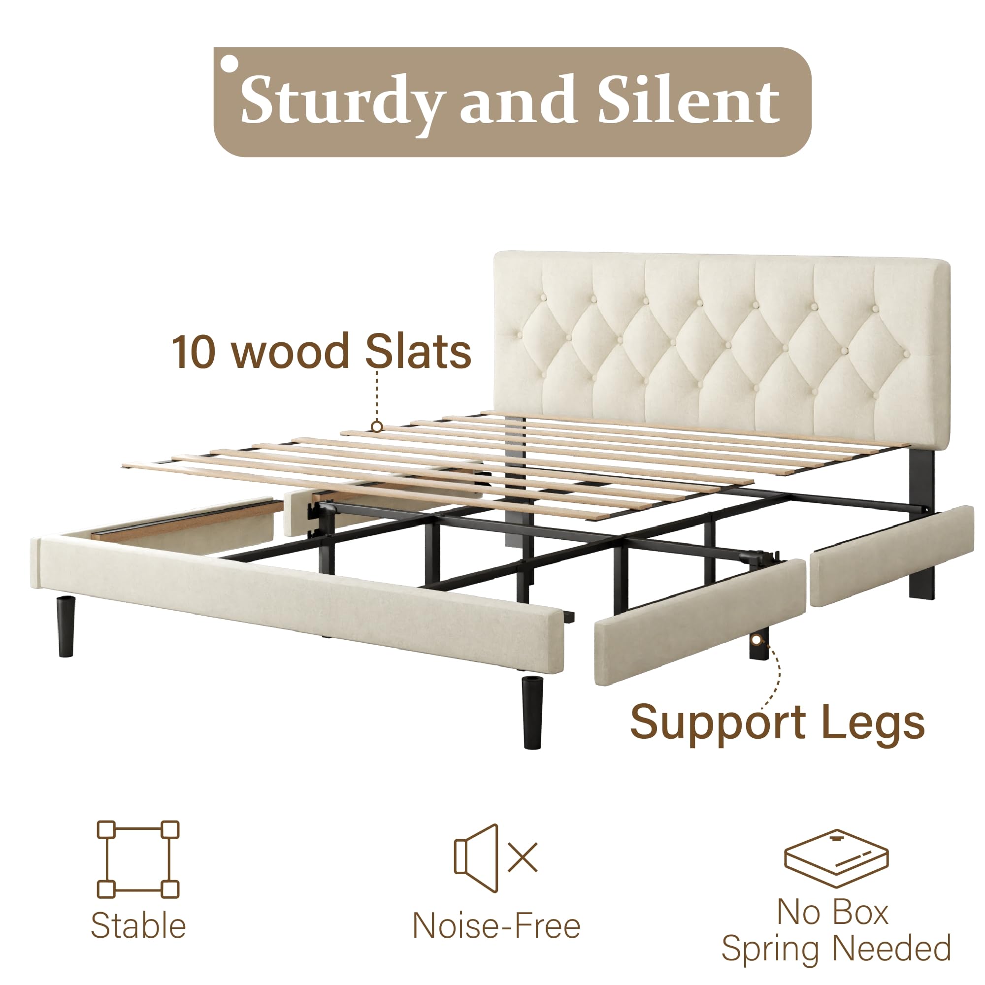 CXVX Full Size Platform Bed Frame with Upholstered Headboard, Button Tufted Design, Strong Wooden Slats, No Box Spring Needed, Easy Assembly, Noise Free