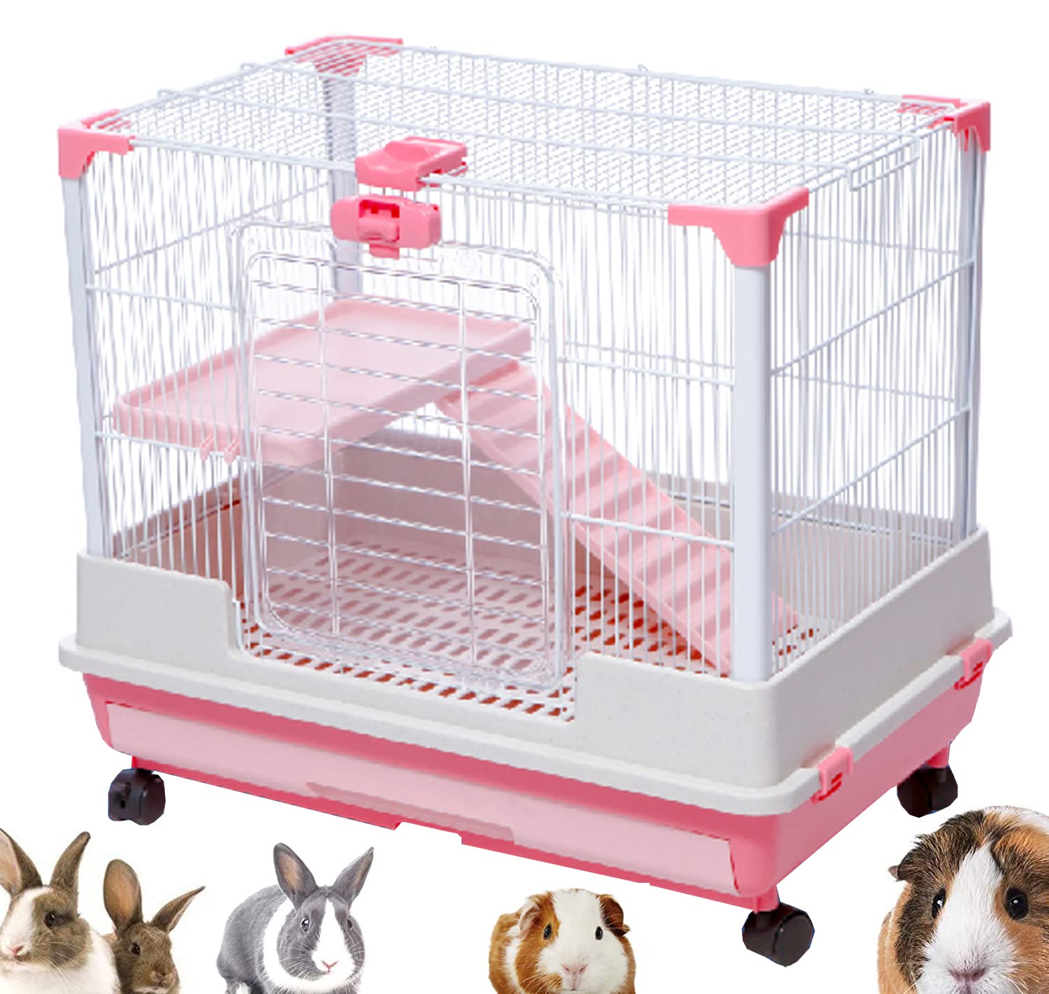 Deluxe 2-Level in/Outdoor Rabbit Hutch Cage for Ferret Squirrel Chinchilla Paw Safe Solid Platform Ramp Mesh Floor Pull Out Leakproof Easy Clean 2-Inch Deep Tray Large Access Doors Lockable Casters
