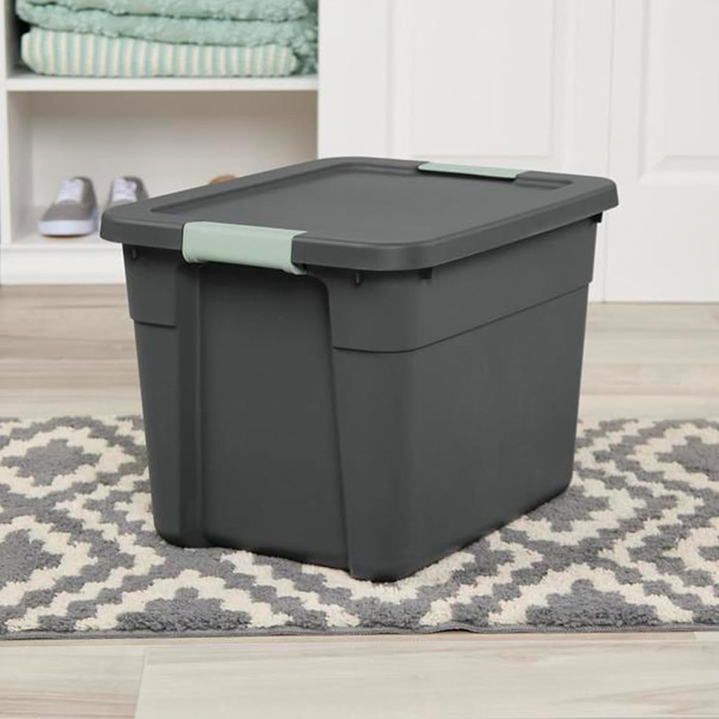Sterilite 6-Pack Latch Tote, Stackable Plastic Storage Container Bins with Lids, 12 Gallon, Gray/Green - Latching Boxes for Bedroom, Bathroom, Garage, and Office Organization