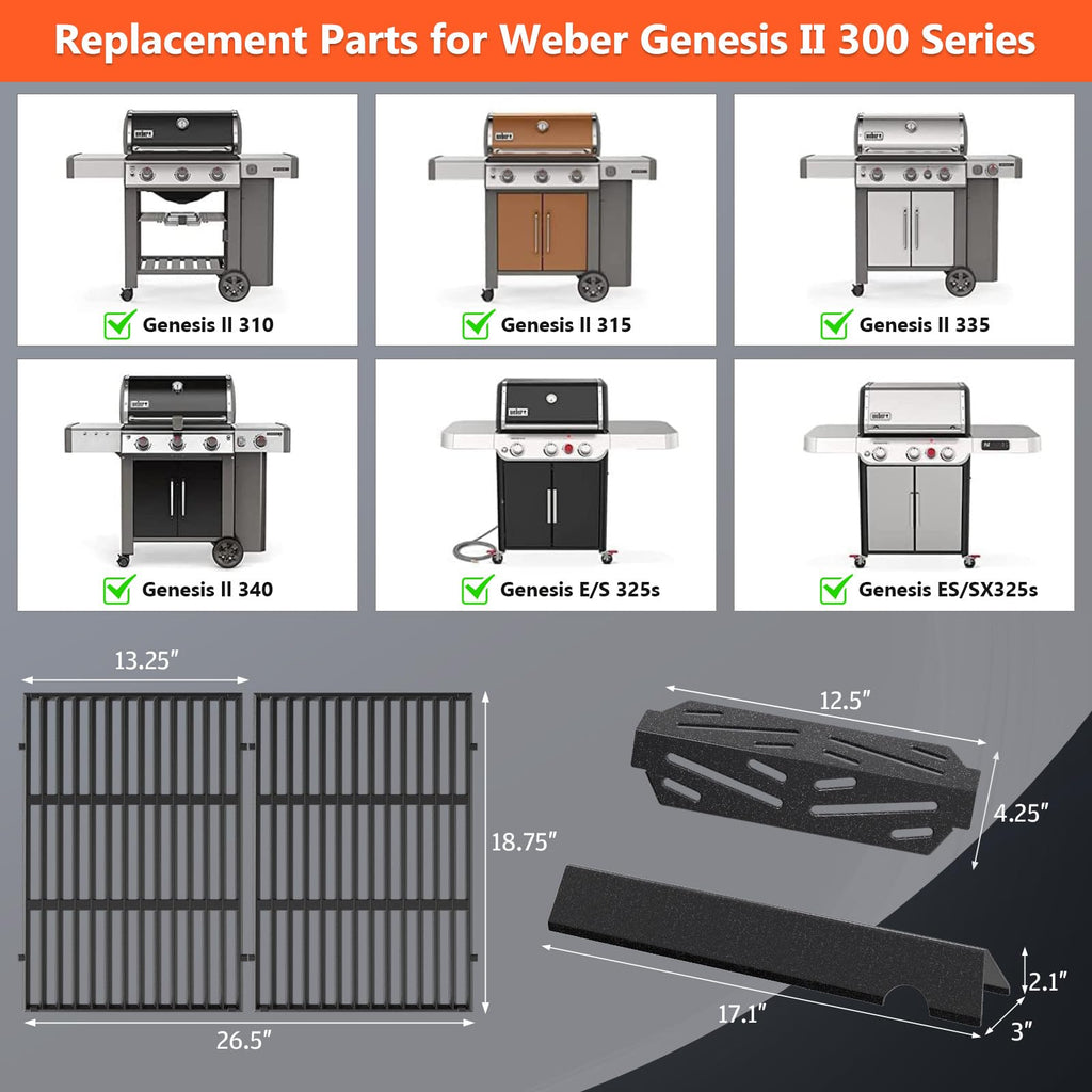 Grill Parts for Weber Genesis 300 Grills with Front Control Knob, Grill Grates for Genesis E310 S310 E/S320 E/S330, 17.5" Flavorizer Bars&Heat Deflectors, 19.5" Grill Grates for Weber 7524 7621 65505