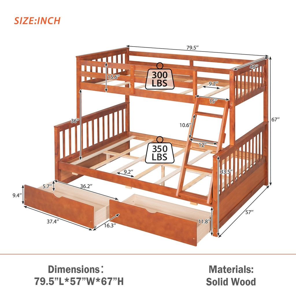 Merax Wood Bunk Bed with Two Drawers,Convertible Wood Bunk Bed with Ladders and Two Storage Drawers,Solid Wood Detachable Bed Frame with Ladders, Twin Over Full Size, Espresso