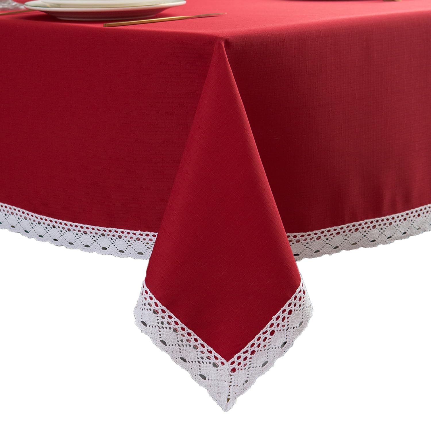 EHouseHome Faux Linen Tablecloth with Lace Trim - Waterproof/Spill Proof/Stain Resistant/Wrinkle Free/Oil Proof - for Banquet, Parties,Dinner,Kitchen,Wedding,Holiday,Blue Fog,Square 52X52Inch