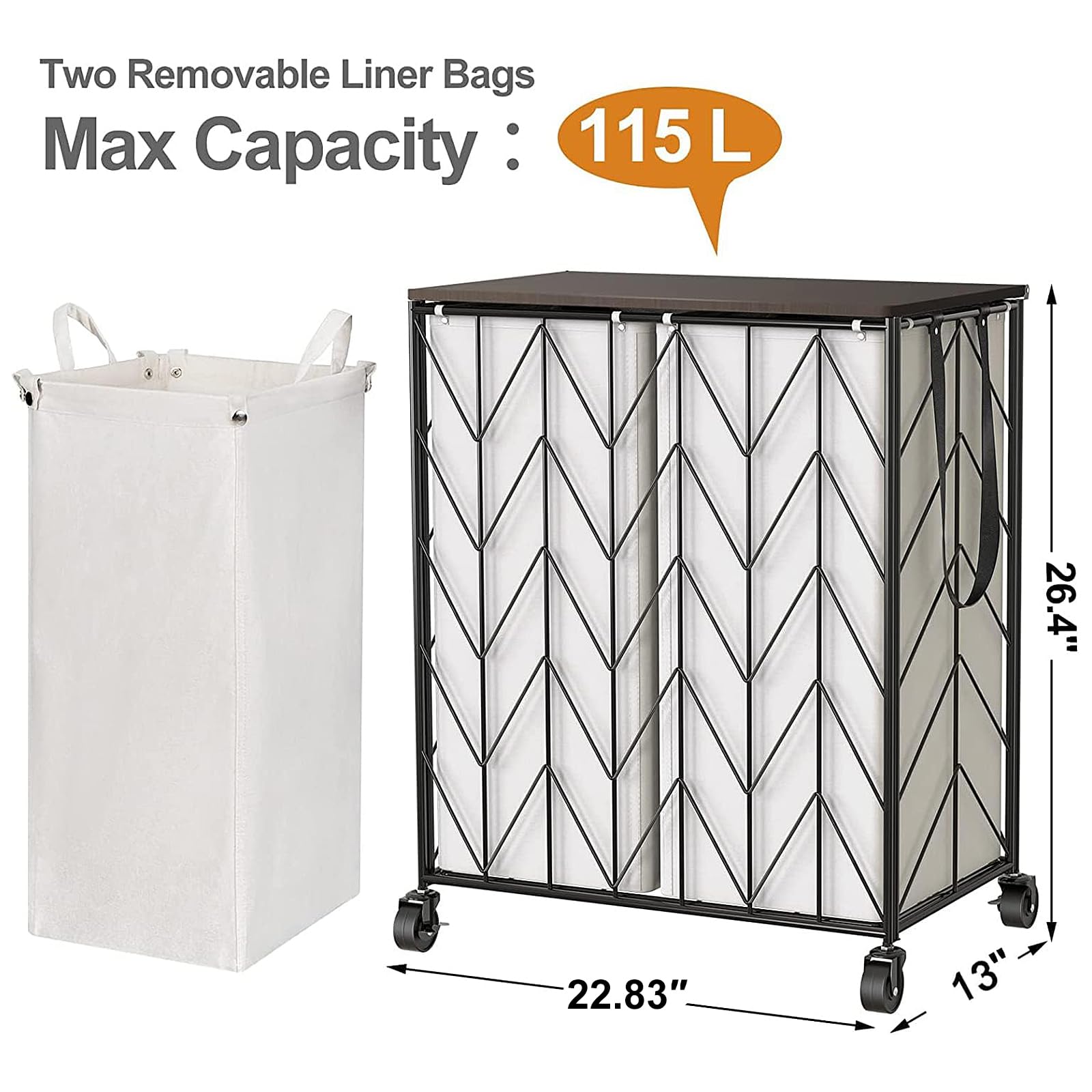 WOWLIVE Laundry Basket with Wheels, Heavy Duty Laundry Hamper with Wood Lid, Clothes Hamper with Divided Removable Liner Bag, Large Capacity Iron-Made Laundry Sorter Laundry Room Organization (Beige)