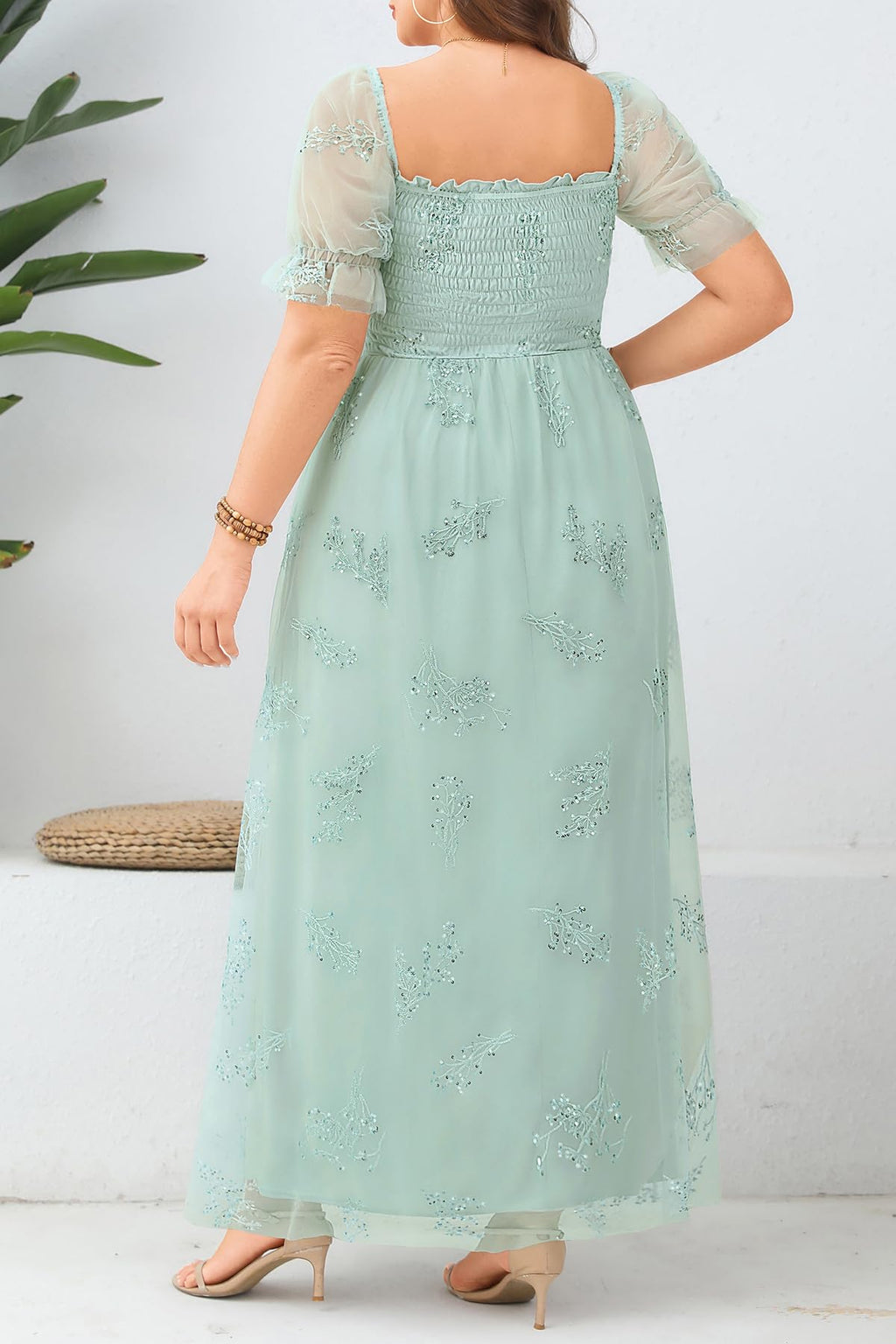 Plus Size Formal Dresses - Bridesmaid Leaf Embroidery with Sequin Tulle Prom Long Dress