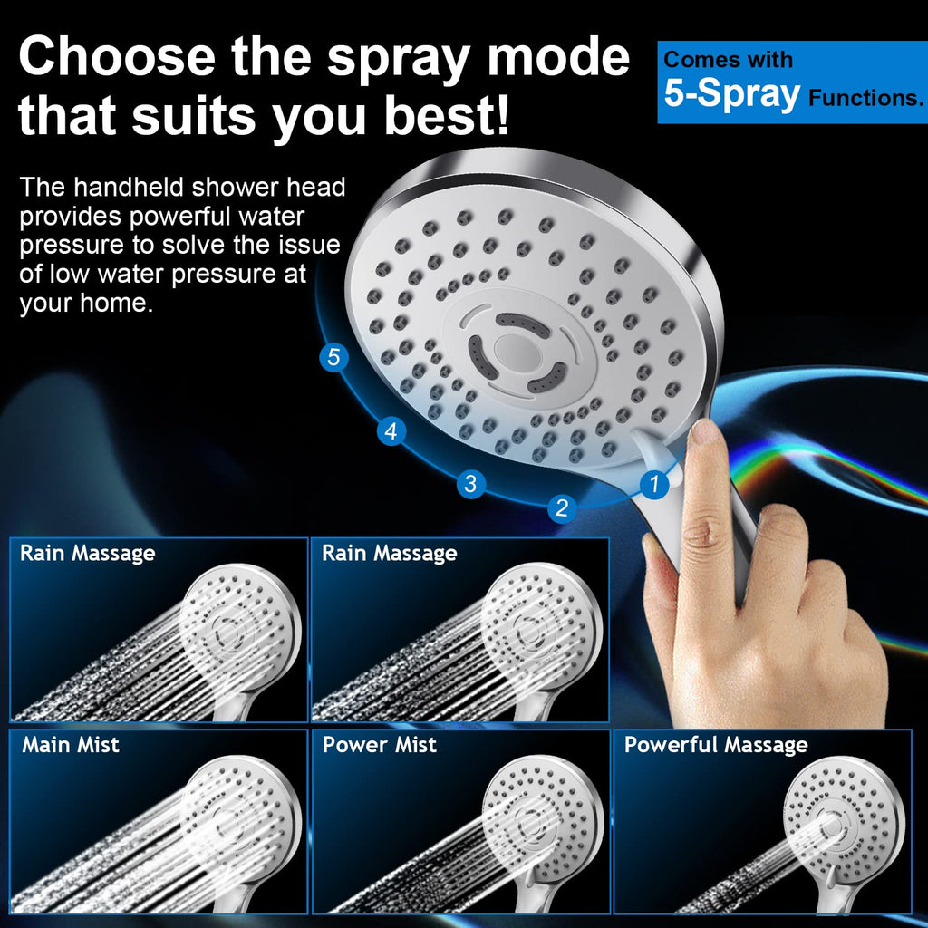 Shower Head Combo(Brushed Nickel),8 Inch High Pressure Rain Shower Head with 11 Inch Adjustable Extension Arm and 5 Settings Handheld Shower Head Combo,Powerful Shower Spray Against Low Pressure Water