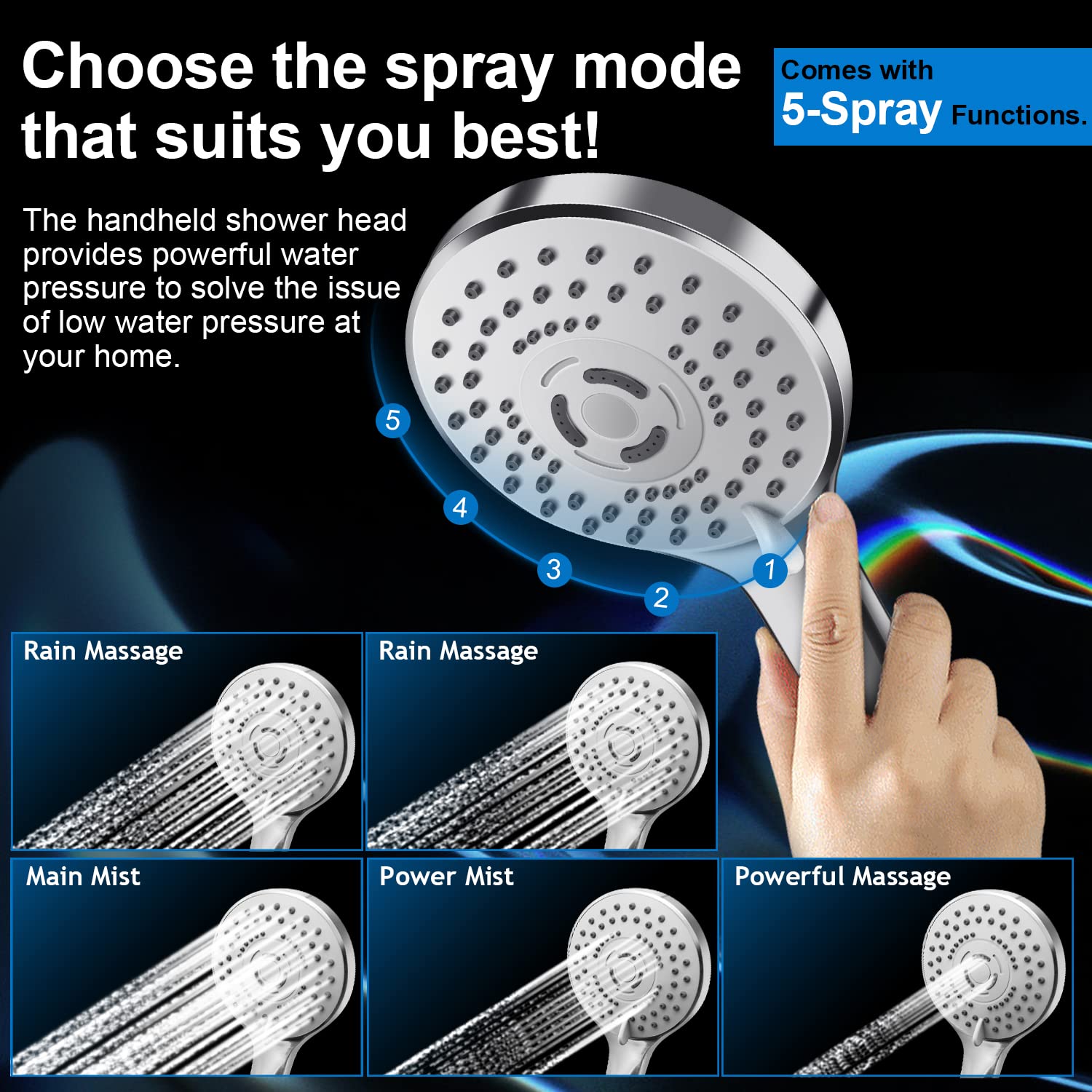 Shower Head Combo(Brushed Nickel),8 Inch High Pressure Rain Shower Head with 11 Inch Adjustable Extension Arm and 5 Settings Handheld Shower Head Combo,Powerful Shower Spray Against Low Pressure Water