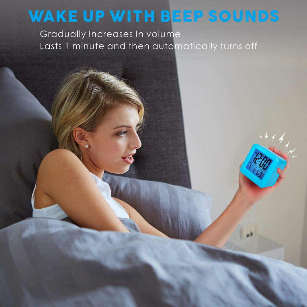 Plumeet Digital Alarm Clock Kids Clock with Snooze and White Nightlight - Easy Setting Travel Alarm Clocks Display Time, Date, Alarm - Ascending Sound - Battery Powered (Baby Blue)