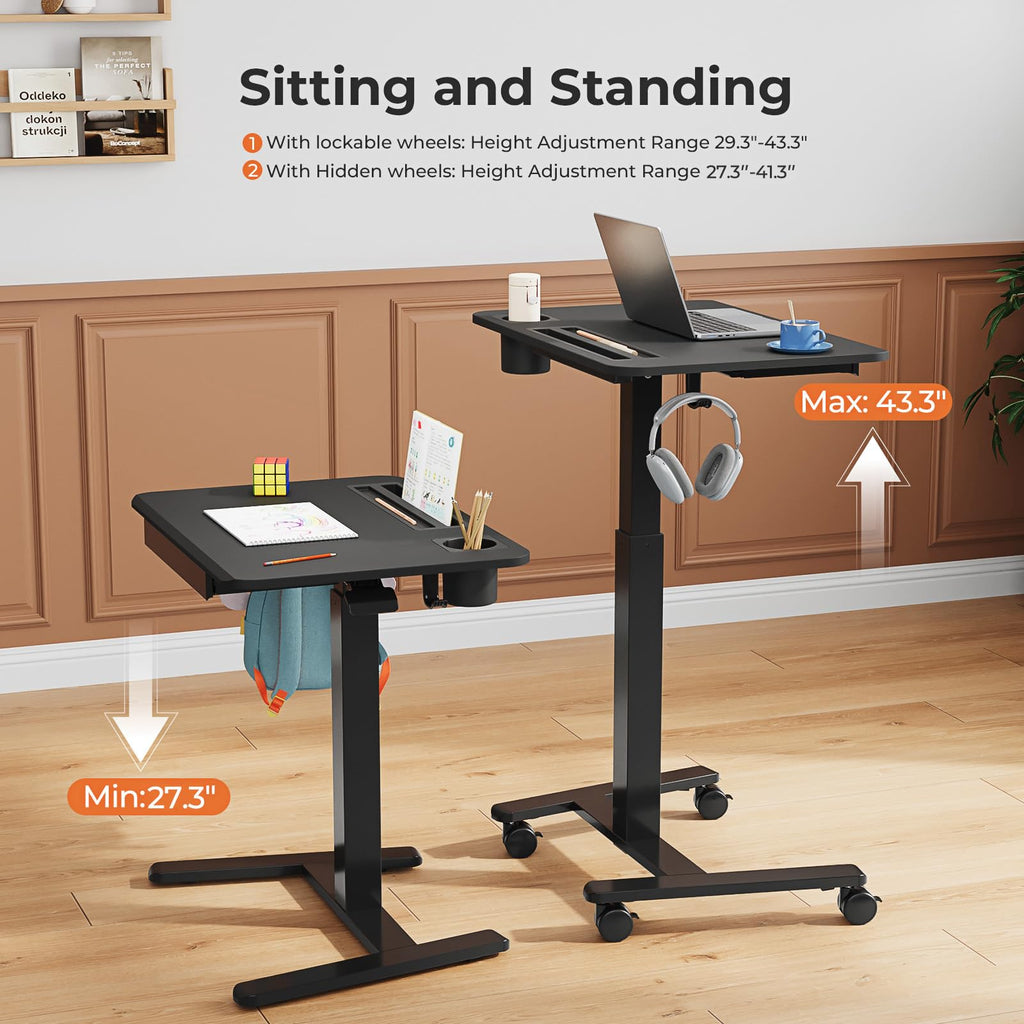 Small Mobile Standing Desk with Drawer, 23.6"x19.7" Rolling Laptop Cart on Wheels, Height Adjustable Sit Stand Computer Workstation with Storage for Compact Space, Black