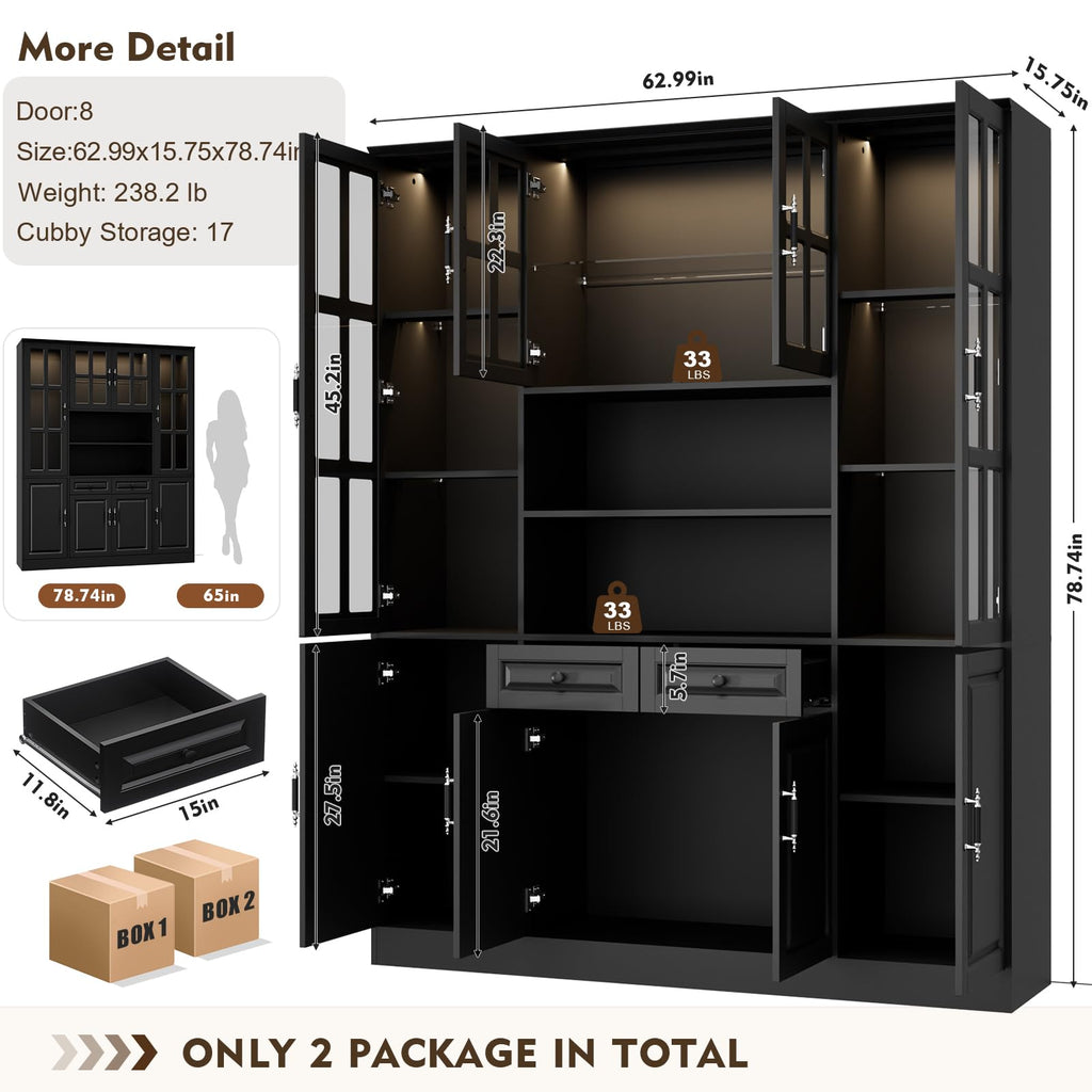 MEISSALIVVE Kitchen Pantry Storage Cabinet with LED Lights, 78.7" Tall with Glass Doors & Drawers, Freestanding Utility Cabinet, Black (31.5" W x 15.7" D)