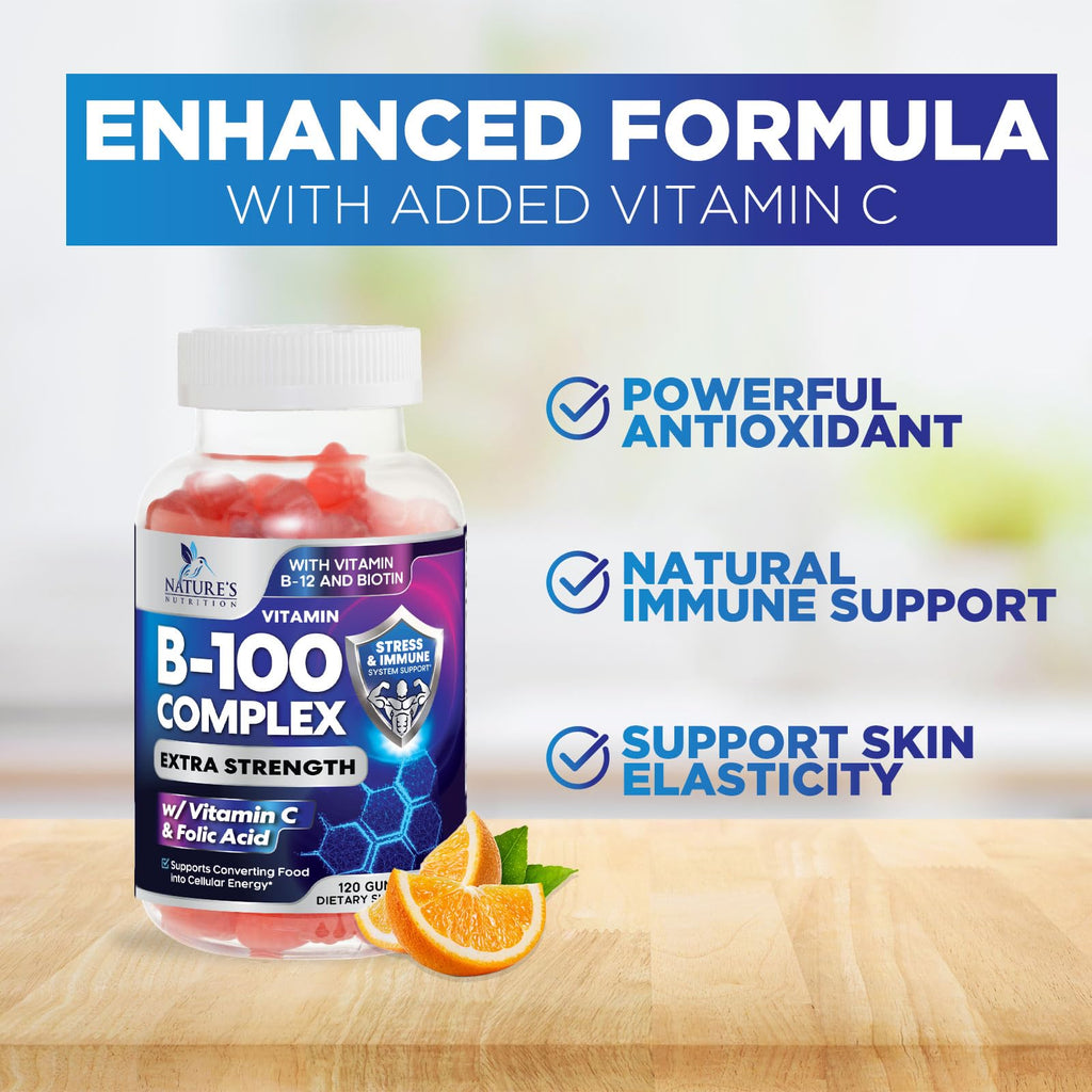 Vitamin B Complex Gummies - Extra Strength Super B Vitamin Gummy with Vitamin C, Immune Support for Men & Women - Energy and Brain Support Supplements with Folic Acid, Niacin, B6, B12 - 60 Gummies