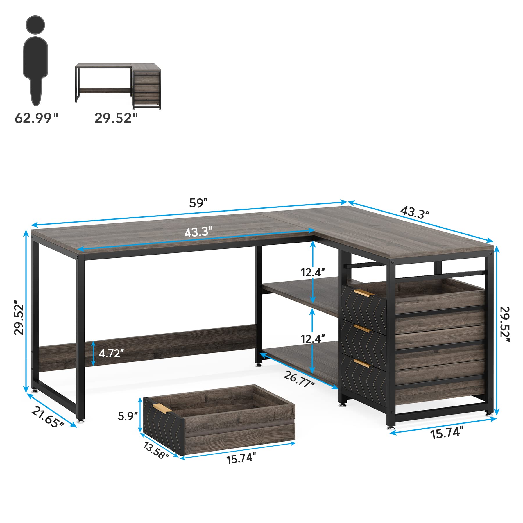 LITTLE TREE 59-Inch L Shaped Desk with Drawers, Large Computer Desk with Storage Shelves, Reversible L-Shaped Corner Desk Workstation for Home Office