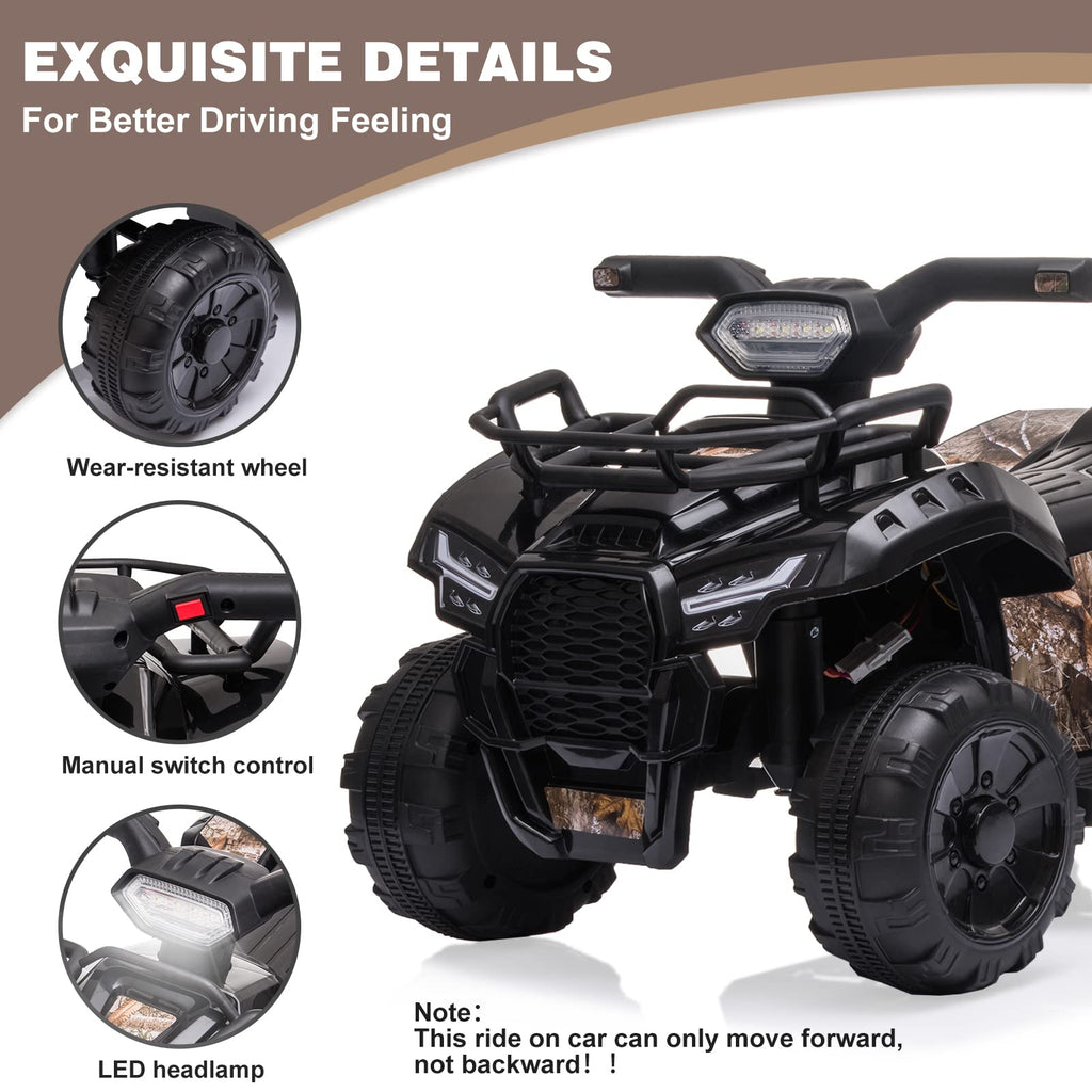 Kids Ride on ATV, 6V Battery Powered Kids Electric Vehicle, 4 Wheeler Quad w/Headlights, MP3, USB, Volume Control, Large Seat, Electric Ride on Toys Best Gifts for 18-36 Months Boys Girls (Black)