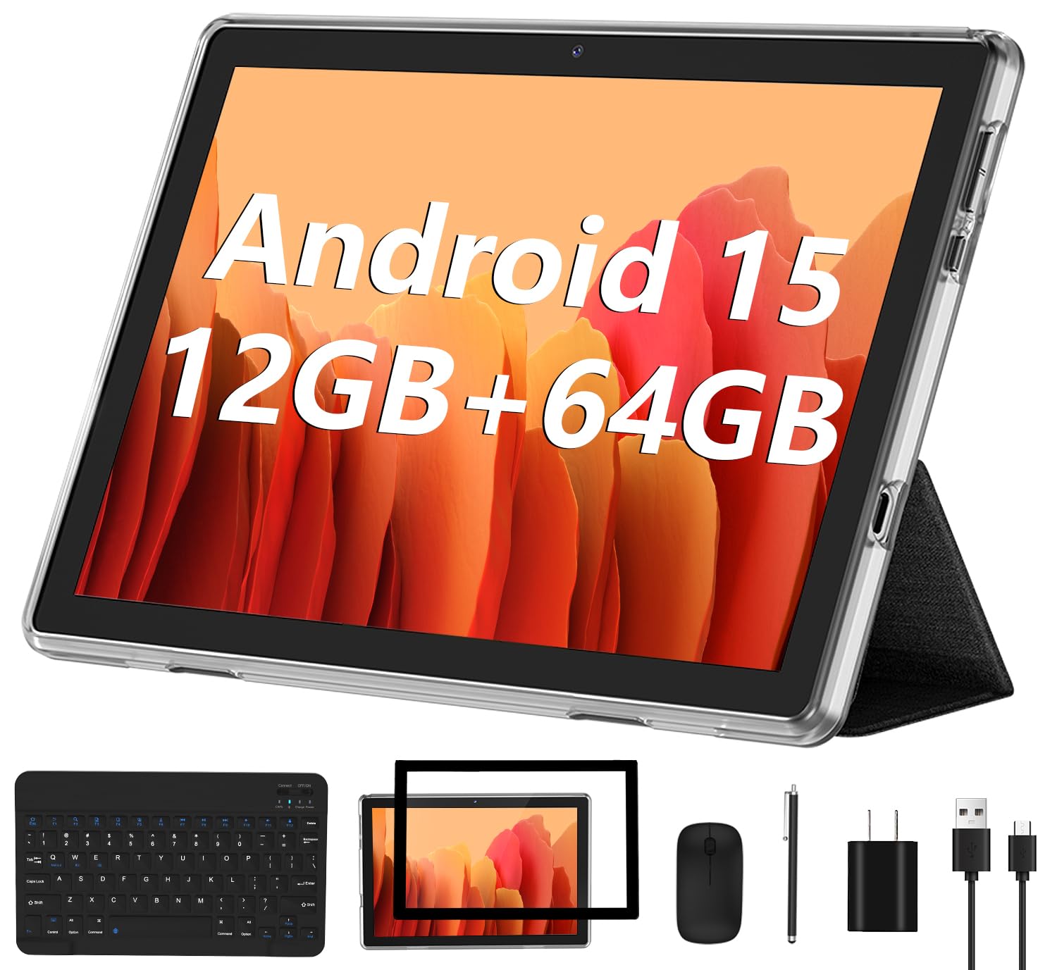 ECOPAD Android 15 Tablet, 10 Inch Tablets with Keyboard Mouse 12GB RAM + 64GB ROM +1TB Expand, 2 in 1 Tableta with WiFi 6 / Bluetooth/GMS Certified/IPS Touch Screen, Black Set