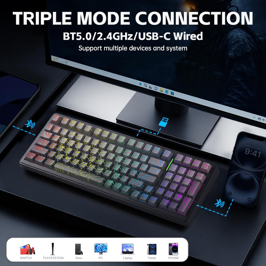Aula F99 Mechanical Gaming Keyboard, Wireless Creamy Keyboard Hot Swappable Custom Keyboards Rechargeable, Tri-Mode BT5.0/2.4GHz/USB-C, Pre-lubed Linear Switches, RGB Backlit, Gasket Structure
