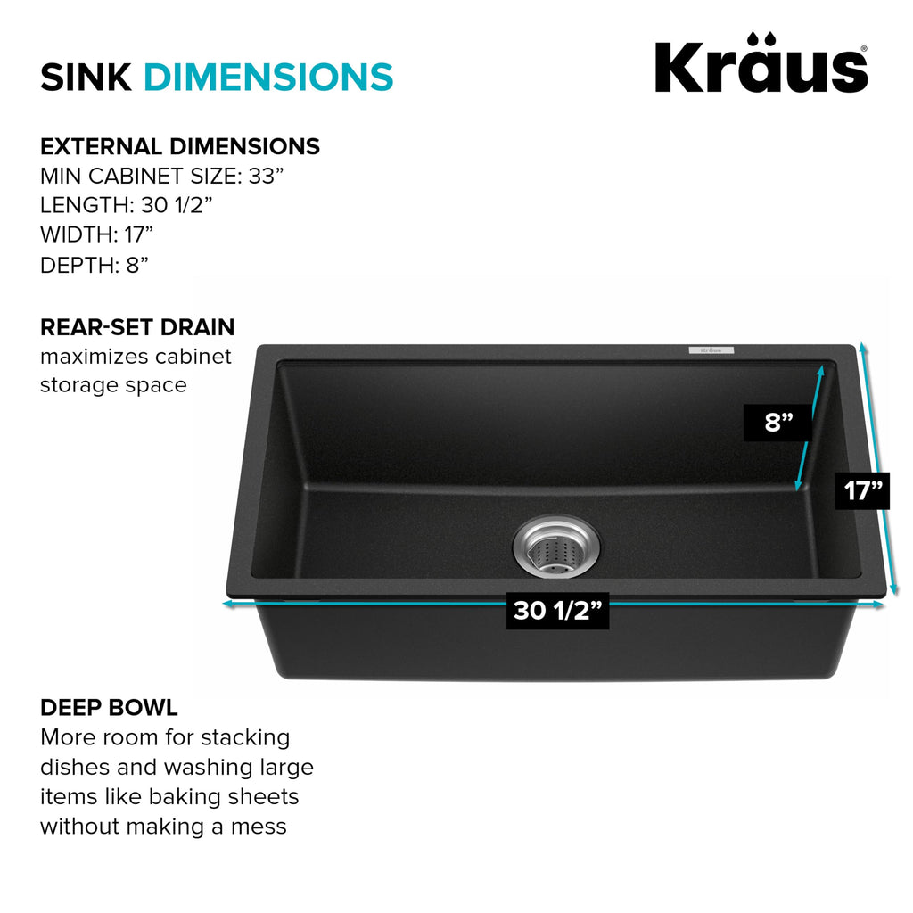 KRAUS Quarza 31-inch Undermount Single Bowl Granite Kitchen Sink in Black Onyx, KGU-413B