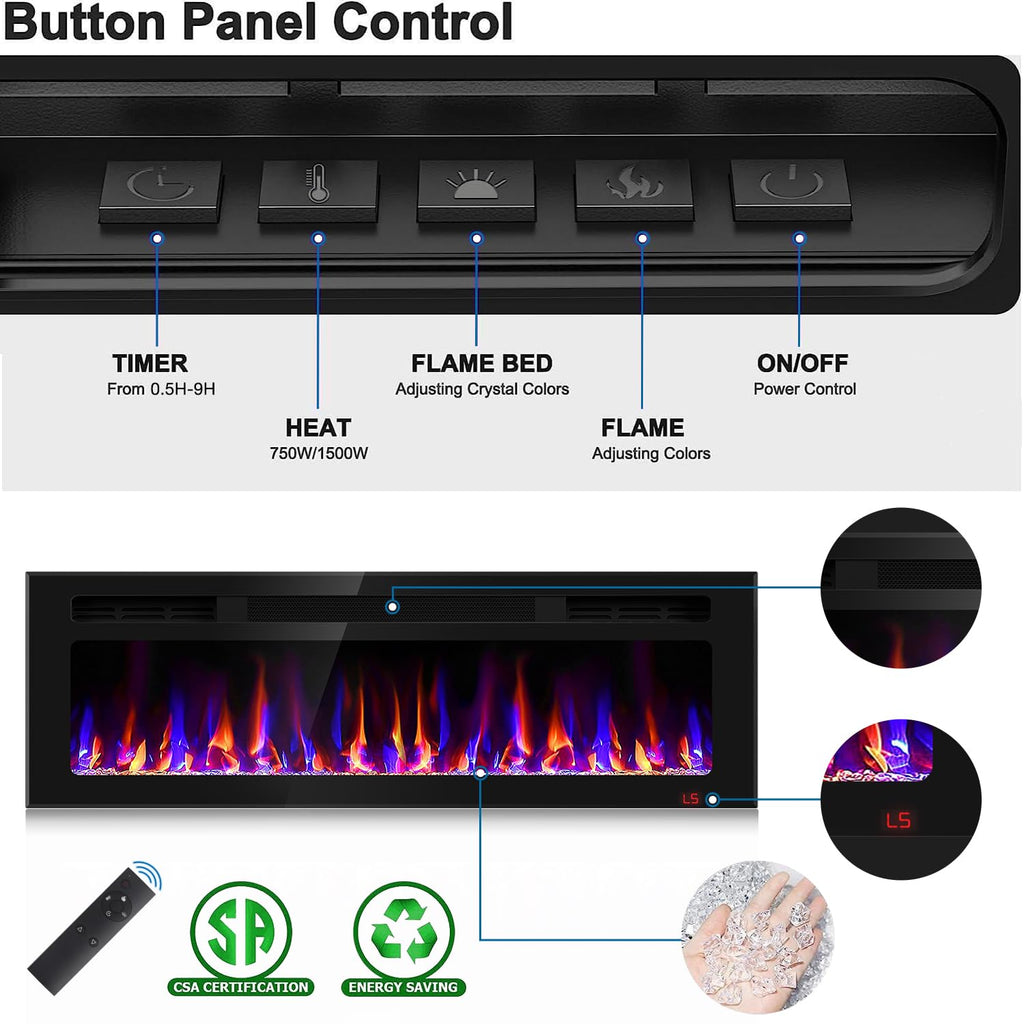 31 Inch Electric Fireplace Recessed and Wall Mounted, Fireplace Heater and Linear Fireplace, Ultra-Thin Electric Fireplace, Low Noise, with Timer, Remote Control, Adjustable 12 Flame Color, 750/1500W