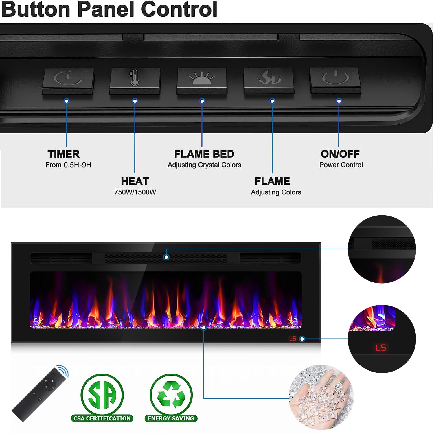 31 Inch Electric Fireplace Recessed and Wall Mounted, Fireplace Heater and Linear Fireplace, Ultra-Thin Electric Fireplace, Low Noise, with Timer, Remote Control, Adjustable 12 Flame Color, 750/1500W
