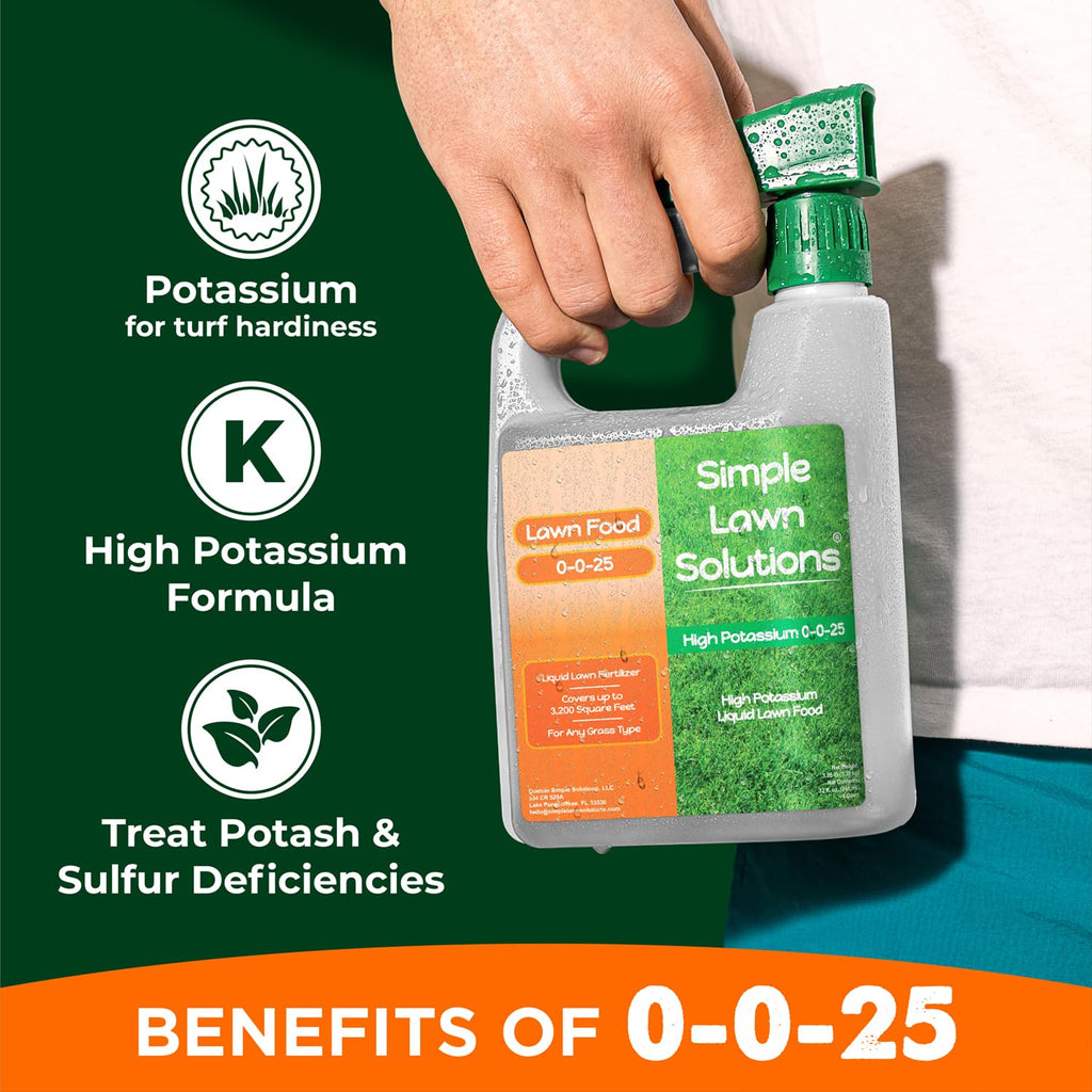 Simple Lawn Solutions - High Potassium Lawn Food Liquid Fertilizer 0-0-25 - Concentrated Spray - Turf Grass Vigor and Plant Hardiness - Summer and Fall - Any Grass Type (1 Gallon)