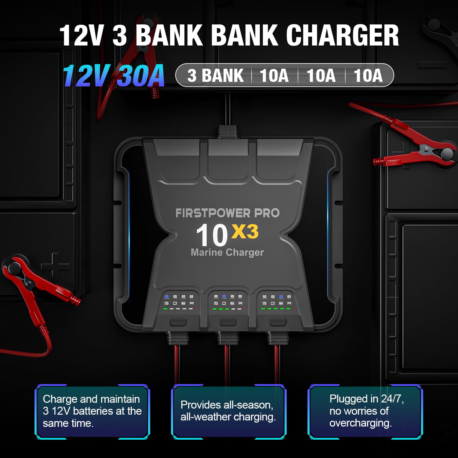 Marine Battery Charger 5X1: 1-Bank, 5A Onboard Battery Charger - 5A Per Bank, 12V Waterproof Boat Batter Charger for SLA/AGM, Lithium, Calcium - Charged 24/7